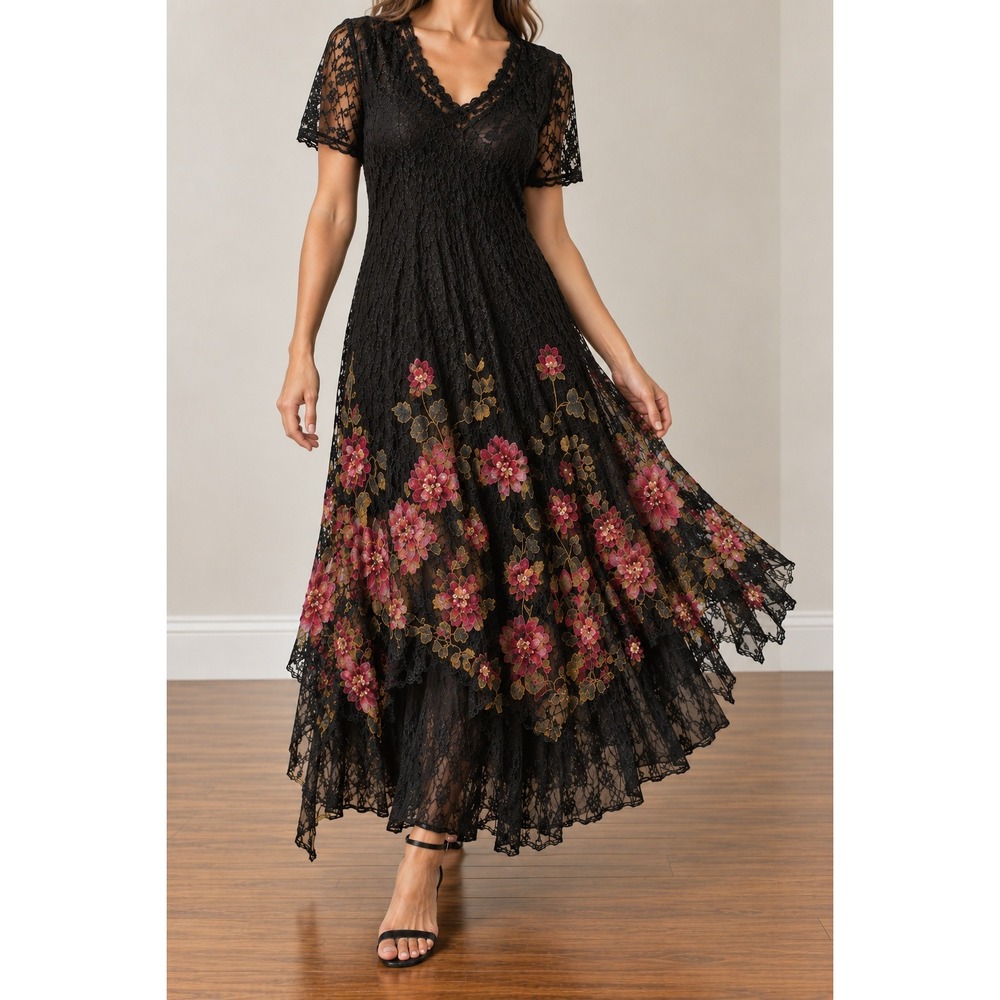 Lola P Dark Floral Lace Maxi Dress Large Beaded Whimsigoth Fairy Grunge Witchy